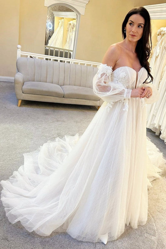 Tulle A-line Long Wedding Dresses with Train