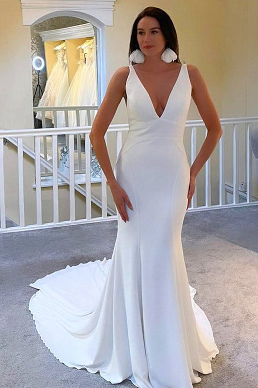 Plunge V Open Back Mermaid Long Wedding Dresses