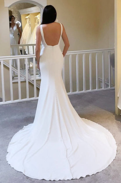 Plunge V Open Back Mermaid Long Wedding Dresses