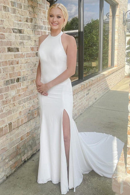 Halter Mermaid Long Wedding Dresses with Slit
