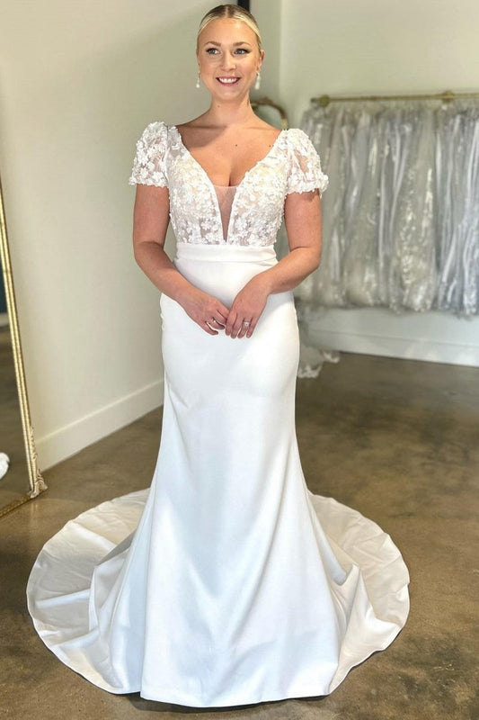 Floral Applique Plunge V Long Wedding Dresses with Short Sleeves