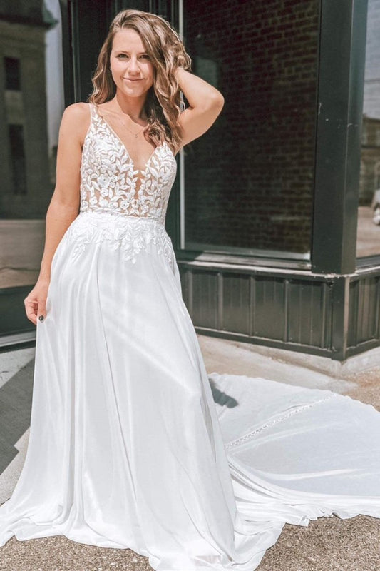 Appliques Plunge V Open Back Long Wedding Dresses