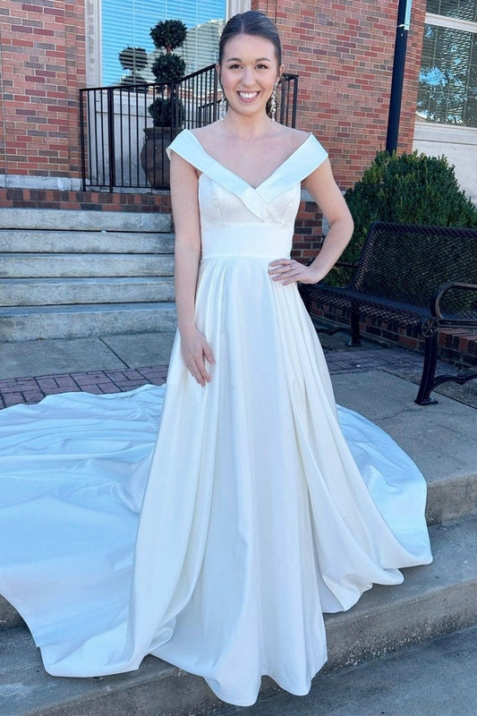 V-Neck High-Waist A-line Long Wedding Dresses