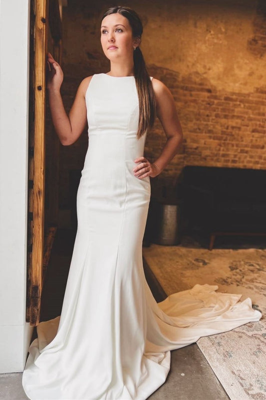 Satin Bateau Open Back Mermaid Long Wedding Dresses