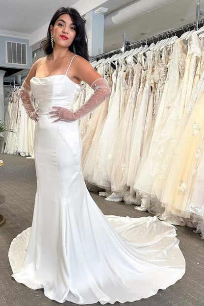 Cowl Neck CoveButton Back Mermaid Long Wedding Dresses