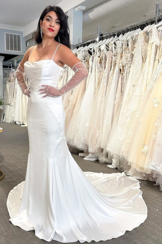 Cowl Neck CoveButton Back Mermaid Long Wedding Dresses