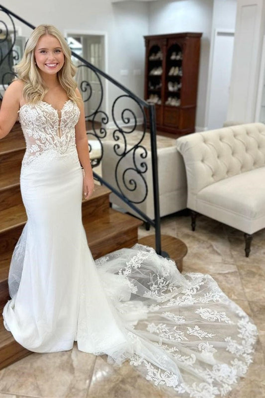 Lace Strapless Appliques Mermaid Long Wedding Dresses