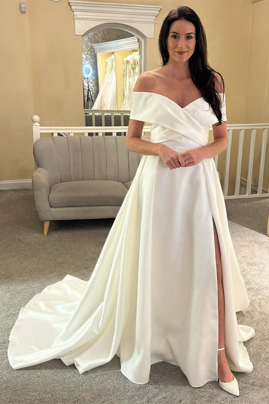 Satin Off-the-Shoulder Long Wedding Dresses with Slit