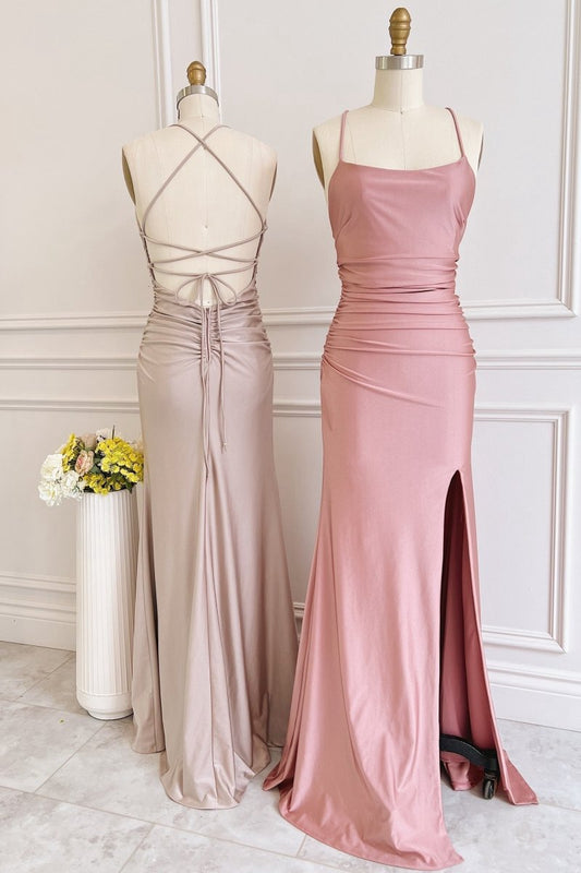 Dusty Satin Lace-Up Sheath Long Bridesmaid Dresses with Slit