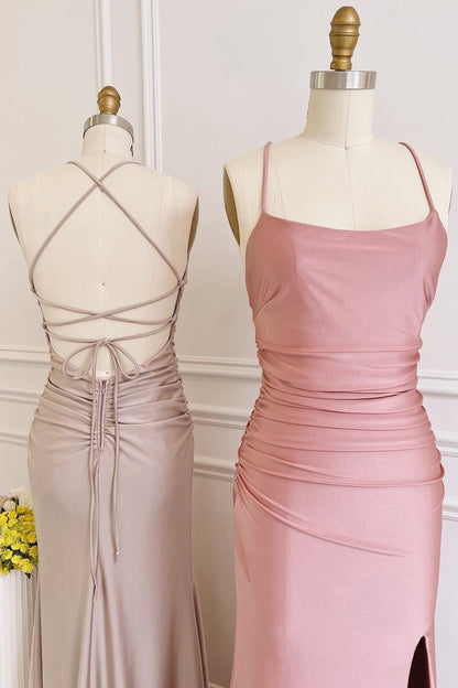 Dusty Satin Lace-Up Sheath Long Bridesmaid Dresses with Slit