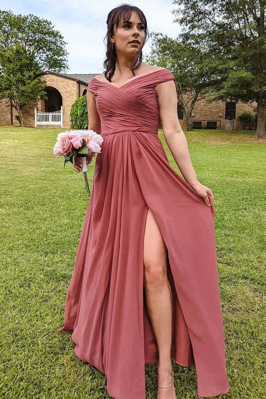 Chiffon Off-the-Shoulder Long Bridesmaid Dresses with Slit