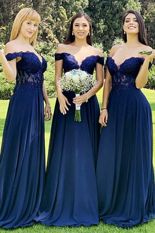 Indigo Lace Off-the-Shoulder A-line Long Bridesmaid Dresses