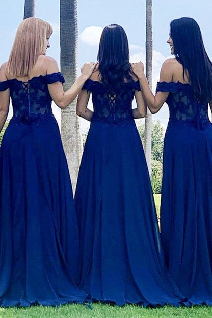 Indigo Lace Off-the-Shoulder A-line Long Bridesmaid Dresses