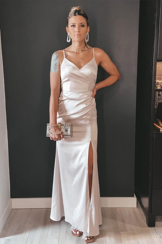 Beige V-Neck Ruched Long Bridesmaid Dresses with Slit