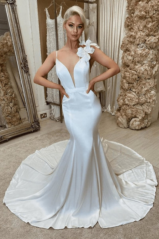 Satin Backless Mermaid Wedding Dresses with Flowers