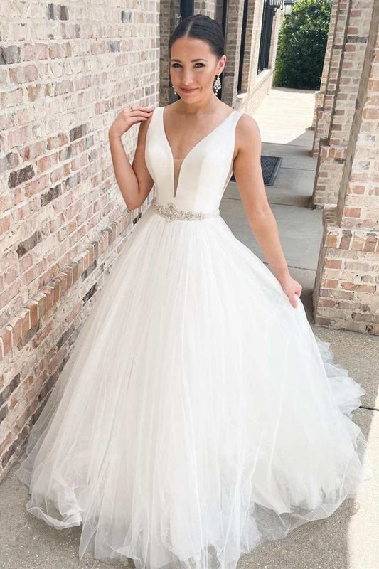 V-Neck A-line Long Wedding Dresses with Sashes