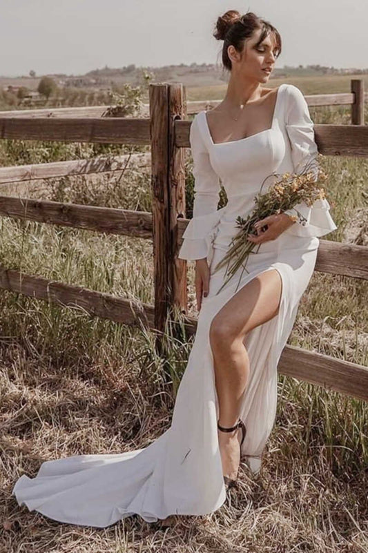 Square Neck Long Sleeve Long Wedding Dresses with Slit