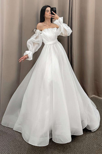 Off the Shoulder Pleated A-line Long Wedding Dresses with Sleeves