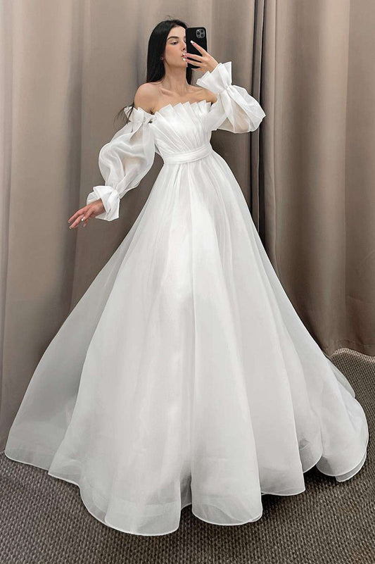 Off the Shoulder Pleated A-line Long Wedding Dresses with Sleeves