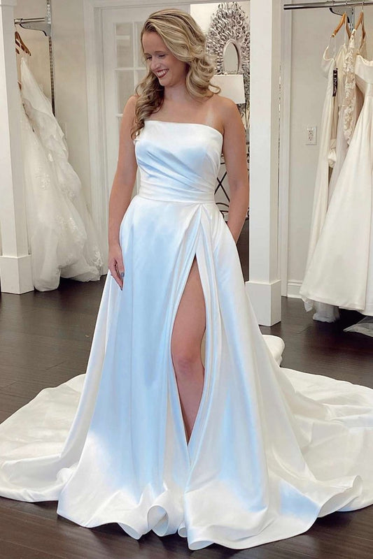 Mermaid Satin Strapless A-line Wedding Dresses with Slit