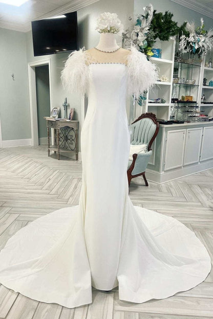 Feather Illusion Neck Mermaid Long Wedding Dresses