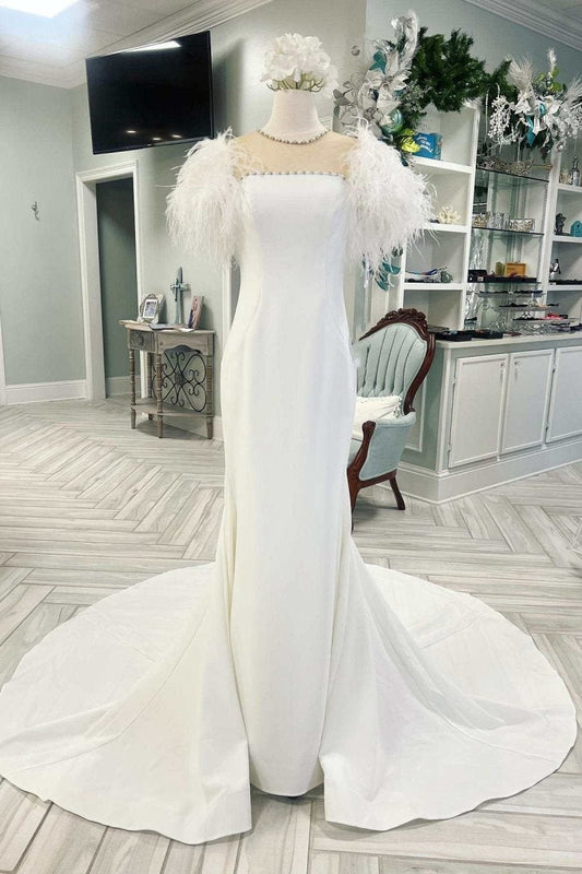 Feather Illusion Neck Mermaid Long Wedding Dresses