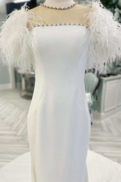 Feather Illusion Neck Mermaid Long Wedding Dresses