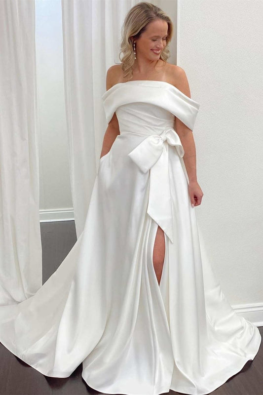 Satin Off-the-Shoulder Bow A-line Wedding Dresses with Slit