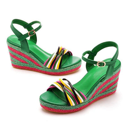 Bohemian Open Toe Platform Sandals Woven Straw Wedges