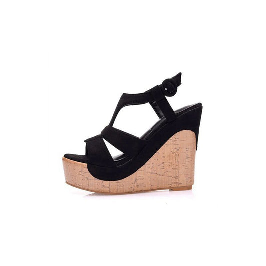 Suede Wood Grain Peep Toe Platform Wedges Sandals