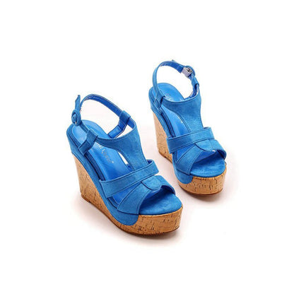 Suede Wood Grain Peep Toe Platform Wedges Sandals