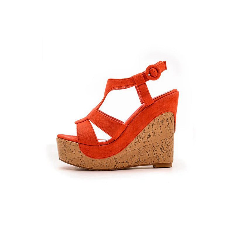 Suede Wood Grain Peep Toe Platform Wedges Sandals