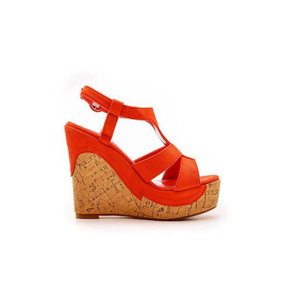 Suede Wood Grain Peep Toe Platform Wedges Sandals