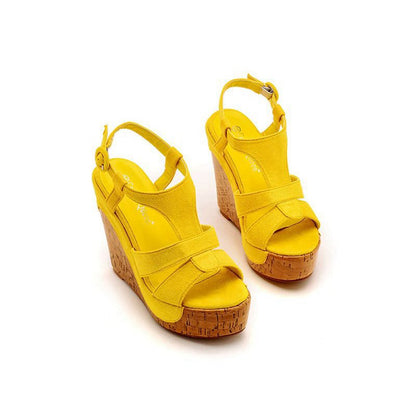 Suede Wood Grain Peep Toe Platform Wedges Sandals
