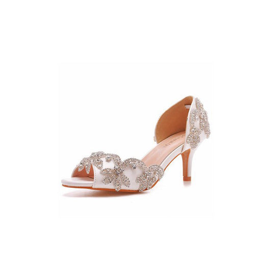 Peep Toe Satin Rhinestone Slip On High Heels