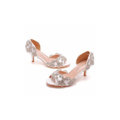 Peep Toe Satin Rhinestone Slip On High Heels