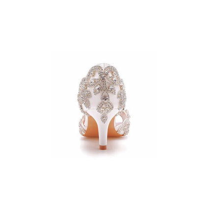 Peep Toe Satin Rhinestone Slip On High Heels