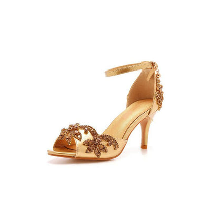 Peep Toe Satin Rhinestone Ankle Strap High Heels