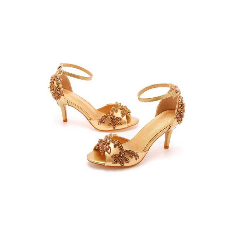 Peep Toe Satin Rhinestone Ankle Strap High Heels