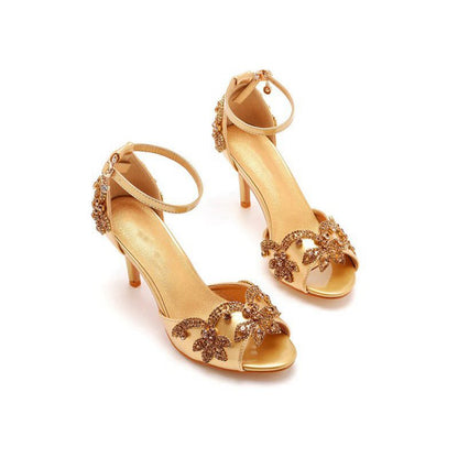 Peep Toe Satin Rhinestone Ankle Strap High Heels