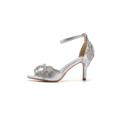 Peep Toe Satin Rhinestone Ankle Strap High Heels