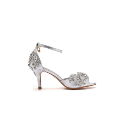 Peep Toe Satin Rhinestone Ankle Strap High Heels