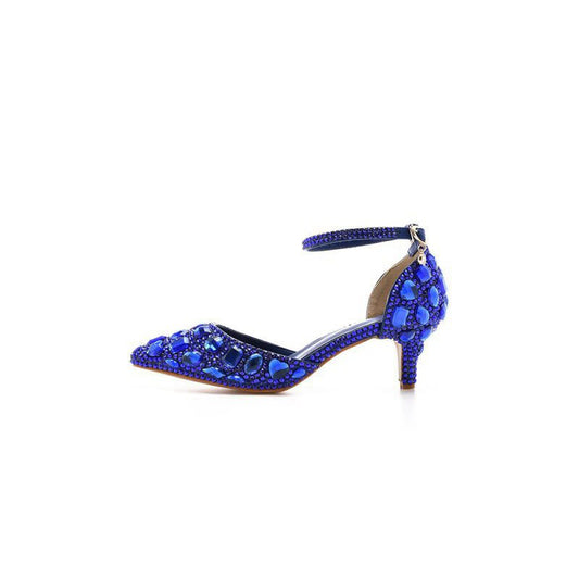 Pointed Toe Crystal Diamond Ankle Strap Kitten Heels