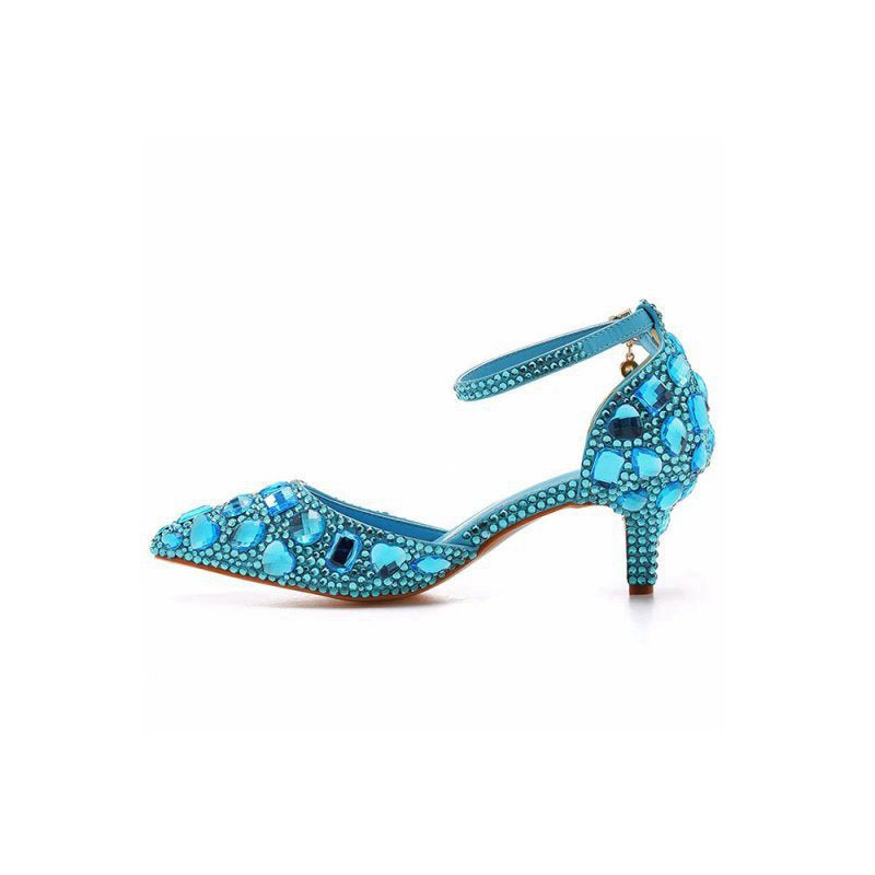 Pointed Toe Crystal Diamond Ankle Strap Kitten Heels