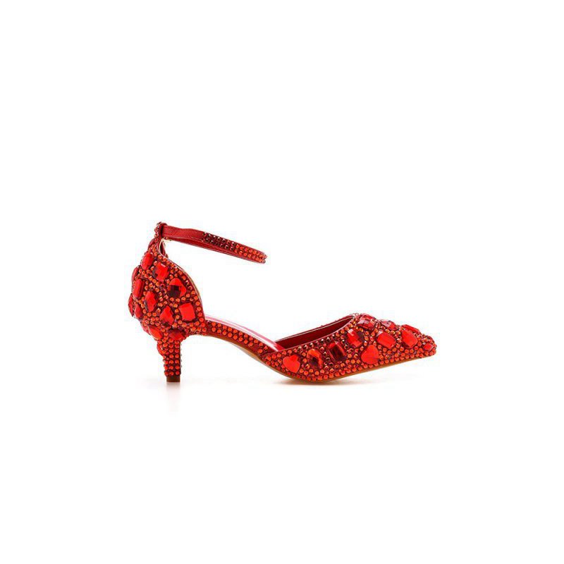 Pointed Toe Crystal Diamond Ankle Strap Kitten Heels