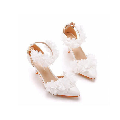 Flowers Pointed Toe Ankle Strap High Heels