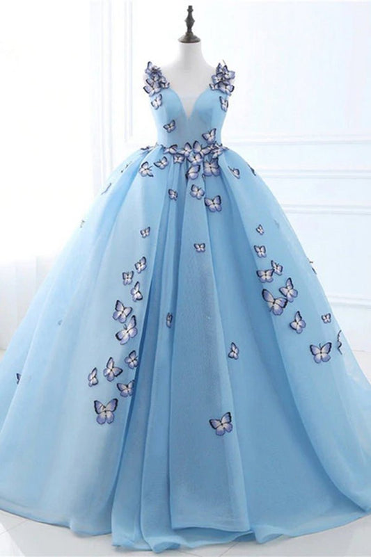 Quinceanera Dresses Butterfly Flowers Lace Up Ball Gowns Long Prom Dresses