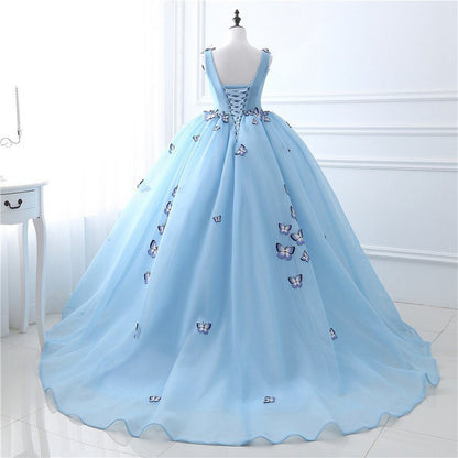 Quinceanera Dresses Butterfly Flowers Lace Up Ball Gowns Long Prom Dresses