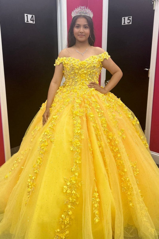 Quinceanera Dresses Off-the-Shoulder Ball Gown with 3D Floral Lace