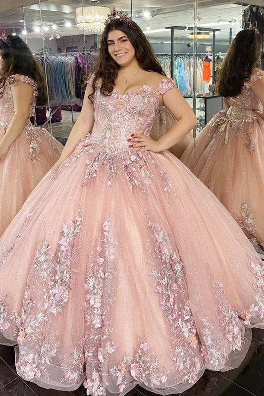Quinceanera Dresses Glitter 3D Floral Lace Off-the-Shoulder